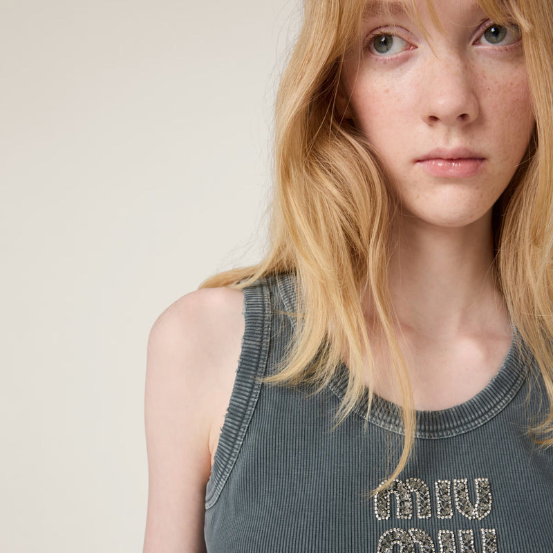 Miu Miu - Top en jersey côtelé brodé Gris