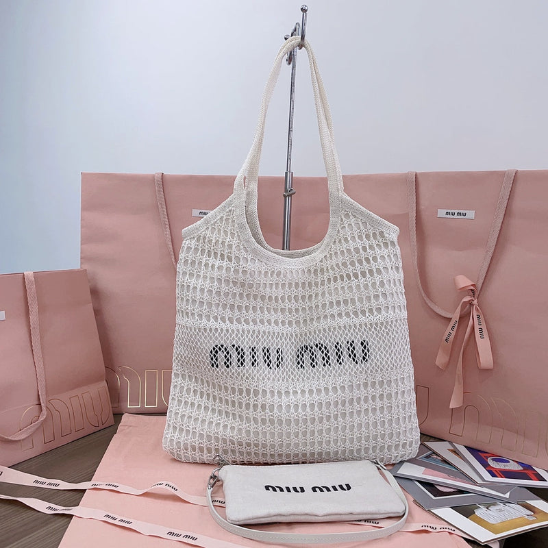 Miumiu - IVY raffia-effect and linen bag