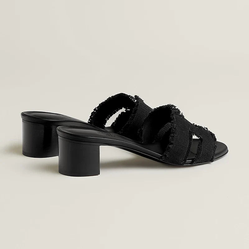 Hermès - Sandales Oasis Noir en Lin Effrangée
